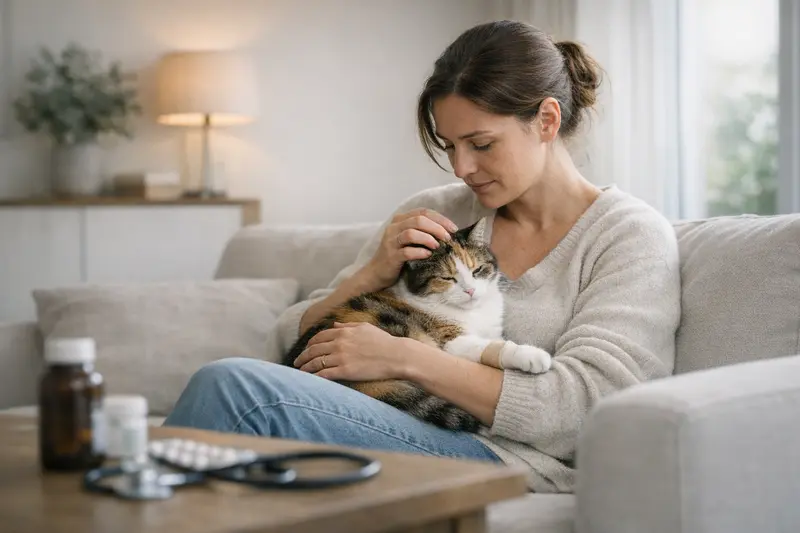 Eine Katze beim Tierarzt, die auf eine Untersuchung vorbereitet wird, während der Halter Fragen zur Krankenversicherung stellt.