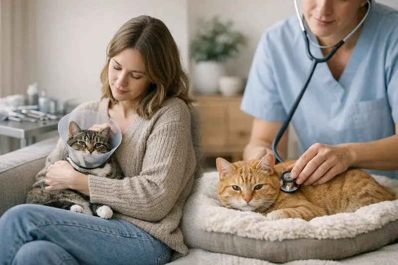 Unterscheidung zwischen Katzen-OP-Versicherung und Krankenhausversicherung Eine Katze liegt entspannt auf einer Decke, während sie tierärztlich untersucht wird, was den Unterschied zwischen Katzen-OP-Versicherung und Krankenversicherung veranschaulicht.