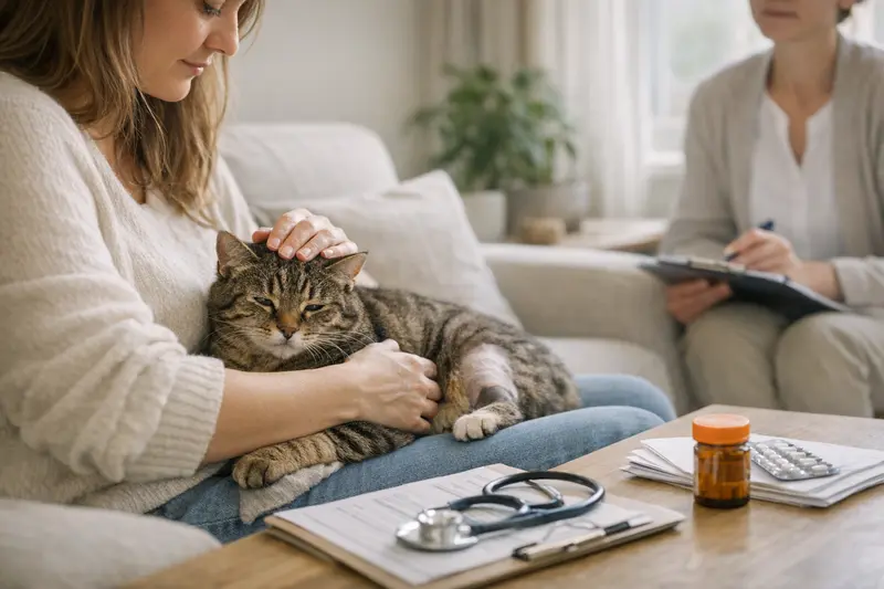 Vorerkrankungen und Katzenkrankenversicherung Eine Katze wird vom Tierarzt untersucht, dabei wird die Bedeutung von Vorerkrankungen für die Katzenkrankenversicherung thematisiert.