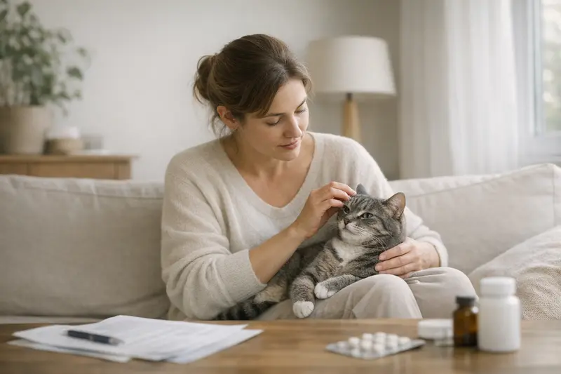 Tierärztliche Untersuchung einer Katze mit Vorerkrankungen Eine Katze wird vom Tierarzt untersucht, gesundheitliche Fragen werden besprochen.