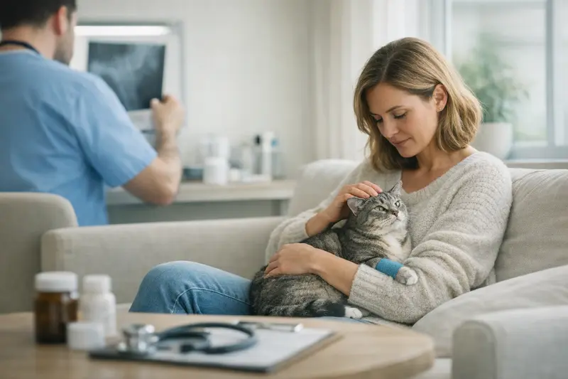 Diskussion über Katzenkrankenversicherung Eine besorgte Katzenhalterin spricht mit einem Tierarzt über die Gesundheitskosten ihrer Katze.