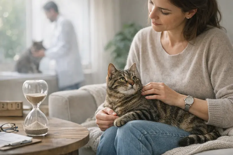 Katze beim Tierarzt während einer Untersuchung, was die Wichtigkeit von Wartezeiten in der Katzenkrankenversicherung verdeutlicht.