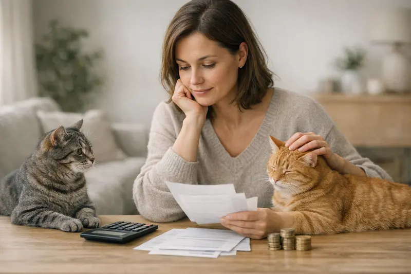 Eine Katze beim Tierarzt, auf die Gesundheitskosten und Versicherungsoptionen anspielend.