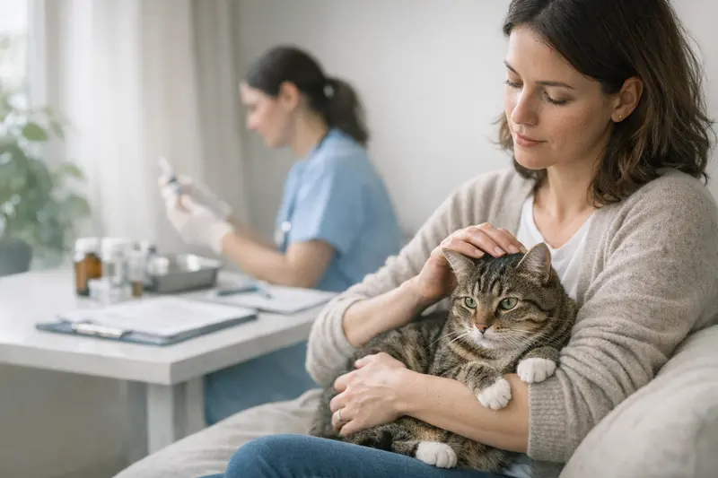 Eine Katze wird vom Tierarzt untersucht, während der Tierhalter Fragen zu Vorsorgeleistungen stellt.