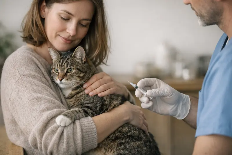 Vorsorge-Untersuchung beim Tierarzt Ein glücklicher Hund und eine Katze beim Tierarzt für eine Vorsorgeuntersuchung.