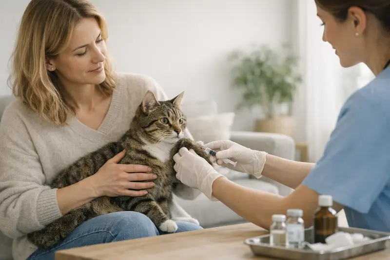 Katzenarztbesuch und Vorsorgeversicherung Eine Katze beim Tierarzt, die untersucht wird, symbolisiert die Bedeutung von Vorsorgeleistungen in der Katzenkrankenversicherung.