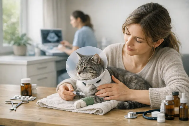 Eine Katze wird von einem Tierarzt untersucht, um Unterschiede zwischen Katzen-OP-Versicherung und Katzenkrankenversicherung zu verdeutlichen.