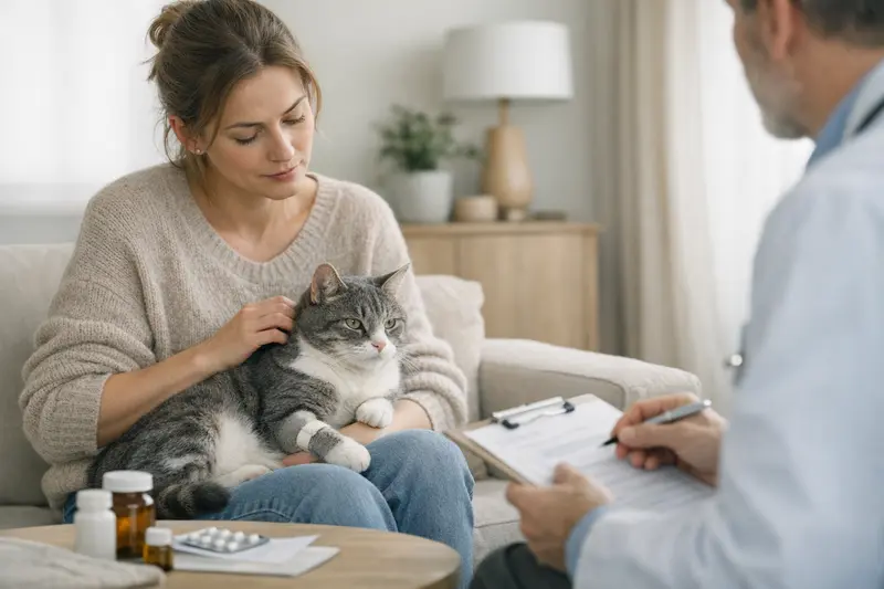 Katzenuntersuchung beim Tierarzt Eine Katze wird vom Tierarzt untersucht, während die Halter über Vorerkrankungen informieren.