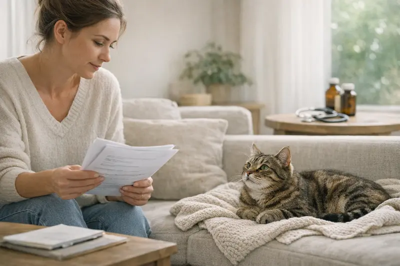 Tierarztbesuch zur Besprechung von Vorerkrankungen Eine besorgte Tierhalterin in einer Tierarztpraxis, die über Vorerkrankungen ihrer Katze spricht.