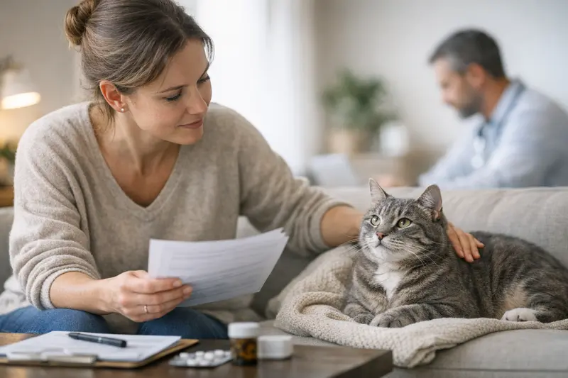 Eine Katze mit einem Tierarzt für eine Untersuchung, symbolisierend die Wichtigkeit der Krankenversicherung bei Vorerkrankungen.