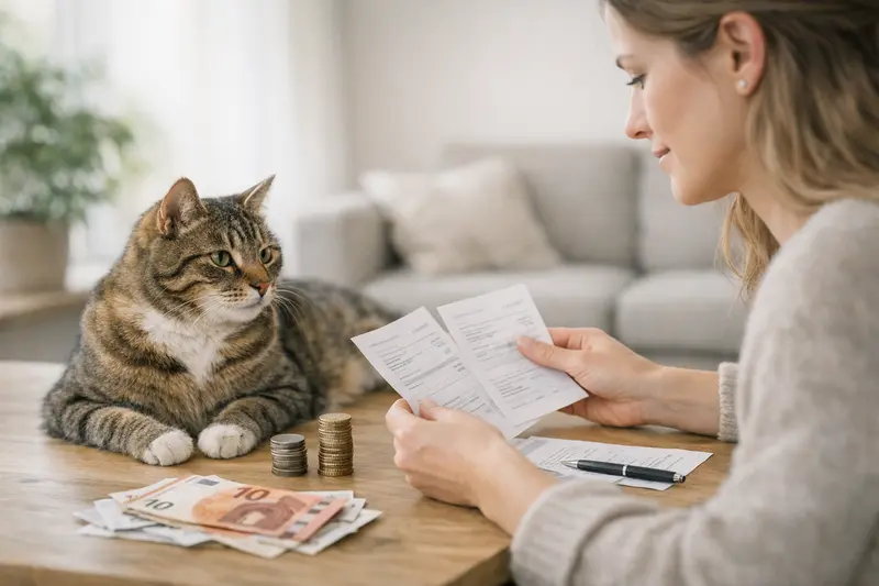 Katzen Krankenversicherung Selbstbeteiligung Eine Katze auf dem Tisch beim Tierarzt, die Behandlungskosten werden besprochen.