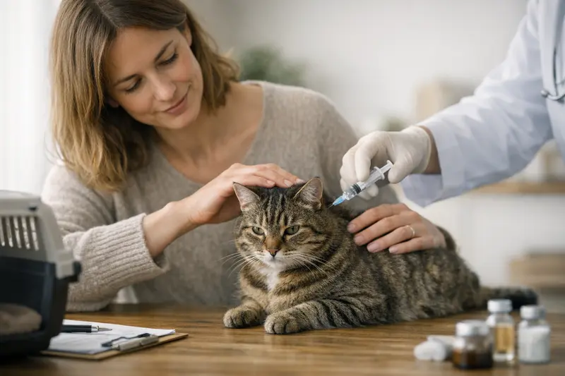 Impfungen und Vorsorge bei Katzen Tierarzt bei einer Katze, die für Impfungen und Vorsorgeuntersuchungen vorbereitet wird