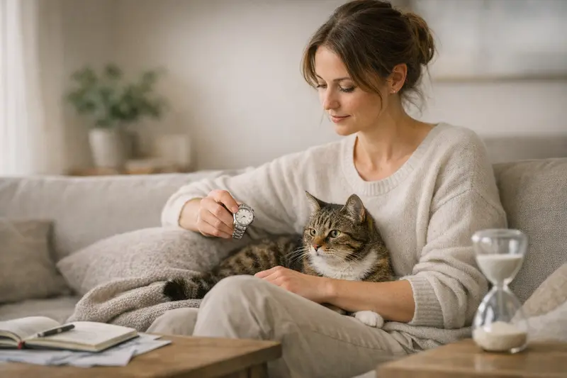 Katzenkrankenversicherung Wartezeiten Vergleich Eine Katze entspannt auf einem Sofa, während der Besitzer eine Katzenkrankenversicherung vergleicht.