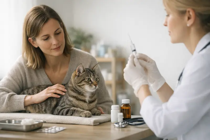 Eine Katze bei einem Tierarzt für Impfungen und Vorsorgeuntersuchungen.