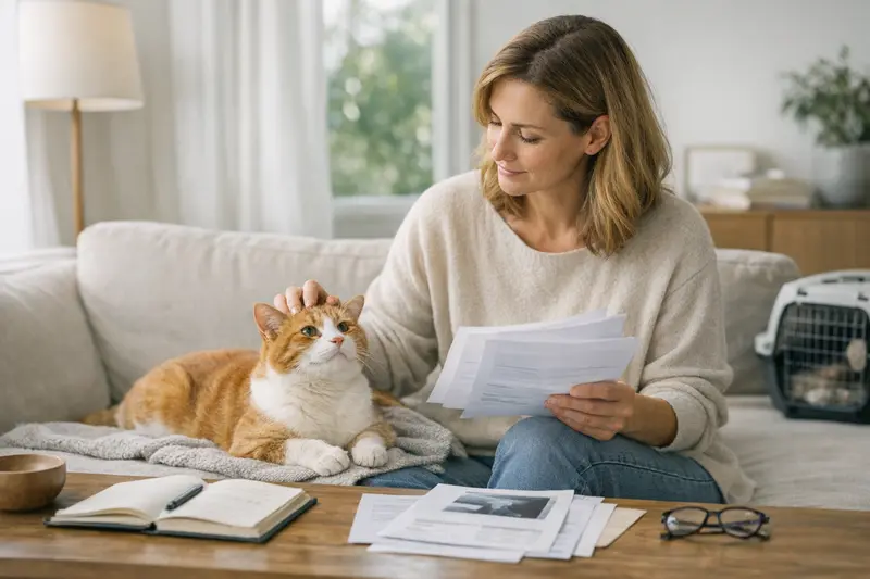Katzenbesitzer vergleicht verschiedene Tarife für Katzenkrankenversicherungen am Laptop
