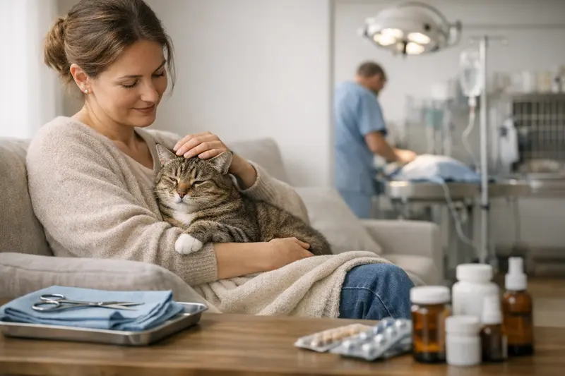 Untersuchung eines Katers in der Tierarztpraxis Ein Hauskater wird in einer Tierarztpraxis untersucht, symbolisierend die Unterschiede zwischen OP-Schutz und Katzenkrankenversicherung.