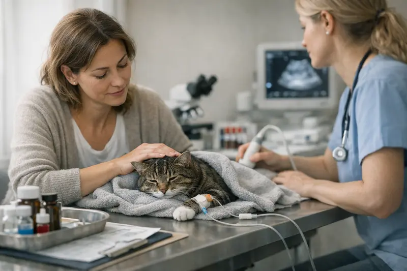 Behandlung akuter Erkrankungen bei Katzen Eine Katze beim Tierarzt während einer Diagnoseuntersuchung zur Feststellung akuter Erkrankungen.