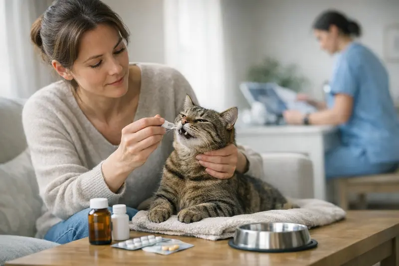 Katzenmedizin und OP-Versicherung Eine Katze beim Tierarzt, die Medikamente erhält.