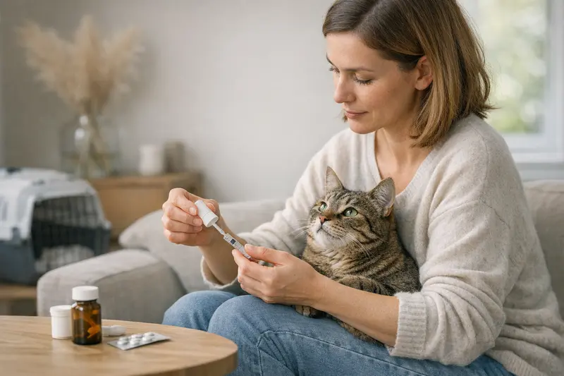 Medikamente in der Katzenkrankenversicherung Eine Katze wird vom Tierarzt behandelt und erhält Medikamente im Rahmen einer Katzenkrankenversicherung.