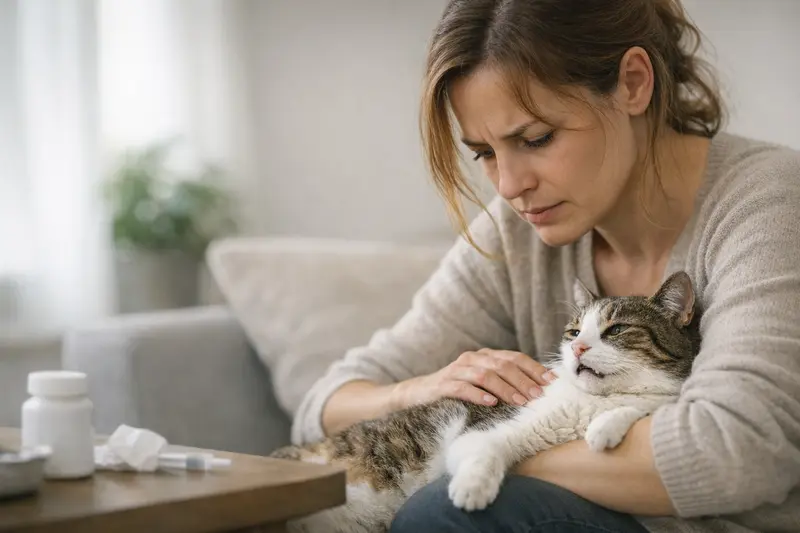 Warnzeichen nach Medikamentengabe bei Katzen Eine besorgte Katzenhalterin beobachtet ihre Katze nach der Medikamentengabe auf mögliche Warnzeichen.
