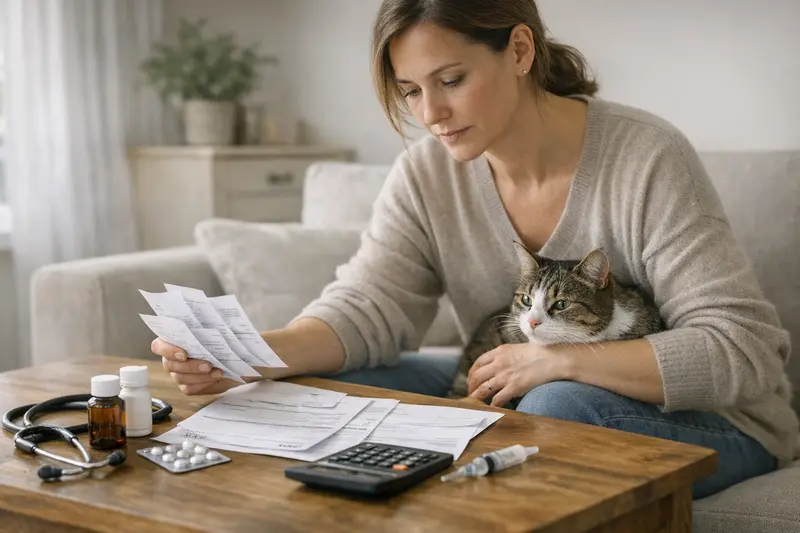 Katzenarztbesuch und Erstattung Eine Katze wird beim Tierarzt untersucht, um die Auswirkungen von Selbstbeteiligung und Limits auf die Erstattung zu verstehen.
