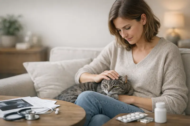 Katzenversicherung Beratung beim Tierarzt Katzendoktor mit einem Patienten beim Tierarzt, um die Notwendigkeit einer Katzenkrankenversicherung zu verdeutlichen.