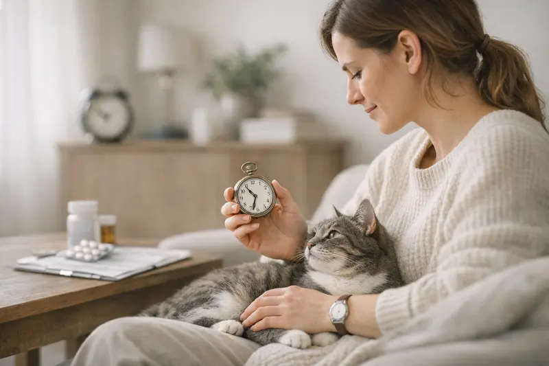 Wartezeiten bei der Katzenversicherung Eine Katze beim Tierarzt mit einem besorgten Halter, die Wartezeit bei der Katzenversicherung besprechend.