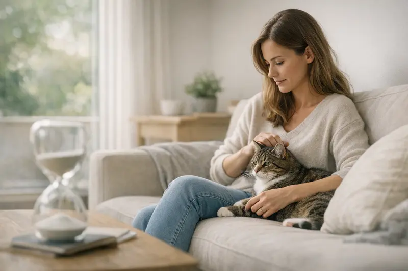 Katzenversicherungen und Wartezeiten Eine Katze liegt entspannt auf einer Decke, während eine Tierärztin das Wohlbefinden der Katze überprüft.