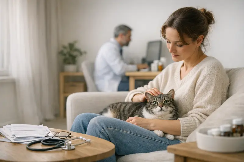 Eine Katze wird liebevoll vom Tierarzt untersucht, um die Bedeutung der Katzenkrankenversicherung zu verdeutlichen.