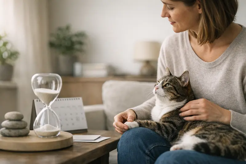 Katzenkrankenversicherung Wartezeiten Kätzchen beim Tierarzt, um eine medizinische Untersuchung zu erhalten, während über Wartezeiten in der Krankenversicherung informiert wird.