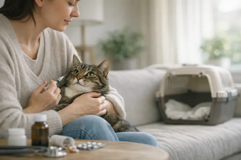 Vorsorgeleistungen bei der Katzenkrankenversicherung Ein Katzenhalter bespricht mit einem Tierarzt die Optionen zur Vorsorge wie Impfungen und Prophylaxe für seine Katze.