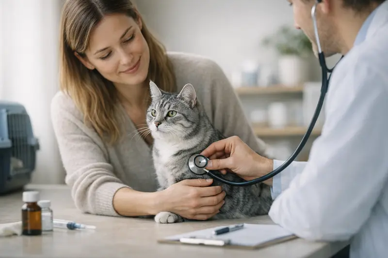 Vorsorgeuntersuchung Katze Glückliche Katze beim Tierarzt für Vorsorgeuntersuchung