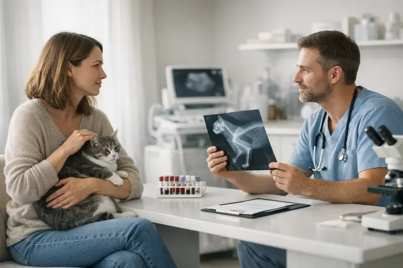 Tierärztliche Diagnostik für Katzen Eine Katze wird im Tierarztpraxis untersucht, um die Diagnostik für die Krankenversicherung zu besprechen.