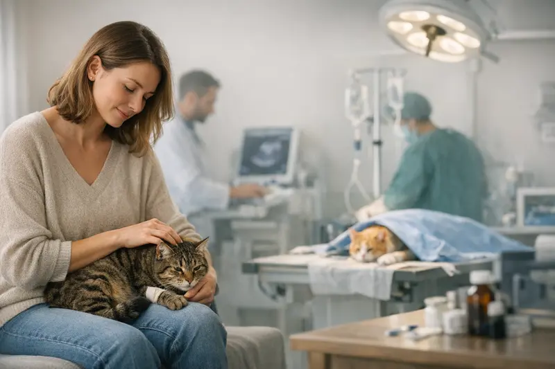 Eine Katze wird beim Tierarzt untersucht, um Unterschiede zwischen OP-Schutz und Katzenkrankenversicherung zu erläutern.
