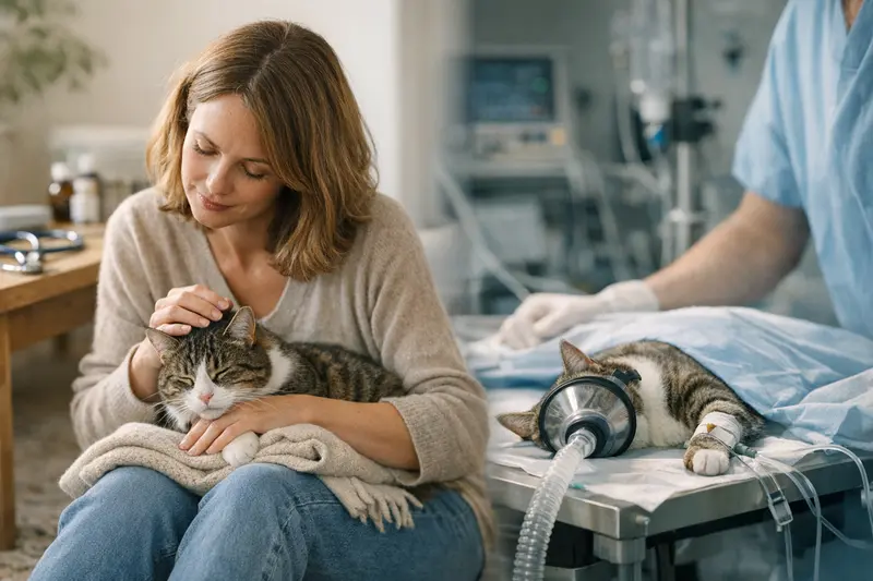Eine Katzenbesitzerin spricht mit einem Tierarzt über die Unterschiede zwischen OP-Versicherung und Krankenversicherung für Katzen.