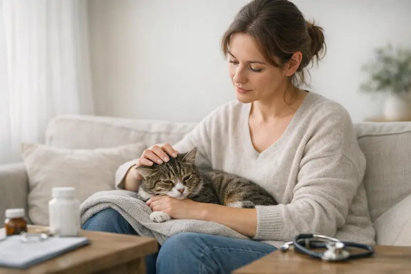 Katzenhalter und gesunde Katze Ein glücklicher Katzenhalter mit seiner gesunden Katze, die in die Kamera blickt.
