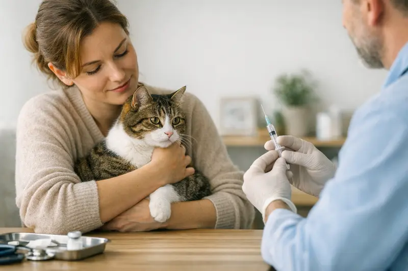 Katzenuntersuchung beim Tierarzt Eine Katze wird von einem Tierarzt untersucht, um mögliche Vorsorgeleistungen wie Impfungen zu diskutieren.