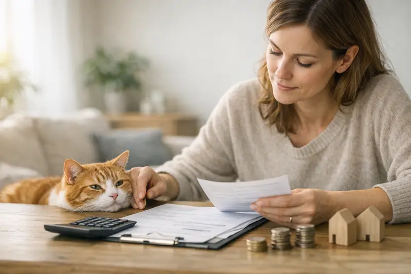 Katzenbesitzer prüft die Kosten seiner Katzenkrankenversicherung und deren Selbstbeteiligung.