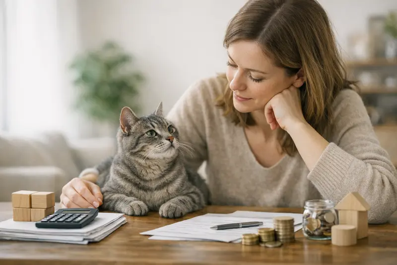 Eine Katze bei einem Tierarzt, die umfassende Behandlung erhält und die Kosten hat, die durch Selbstbeteiligung und Jahreslimit beeinflusst werden.