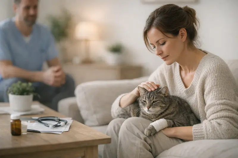Eine Katze sitzt beim Tierarzt und wartet auf die Untersuchung, während sich ihre Halterin darüber informiert, welche Wartezeiten in der Katzenversicherung gelten.