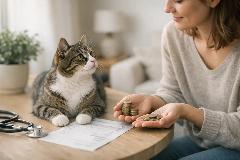 Selbstbeteiligung bei Katzenkrankenversicherungen Eine Katze wird von ihrem Besitzer beim Tierarzt untersucht, während die Selbstbeteiligung der Katzenkrankenversicherung erörtert wird.