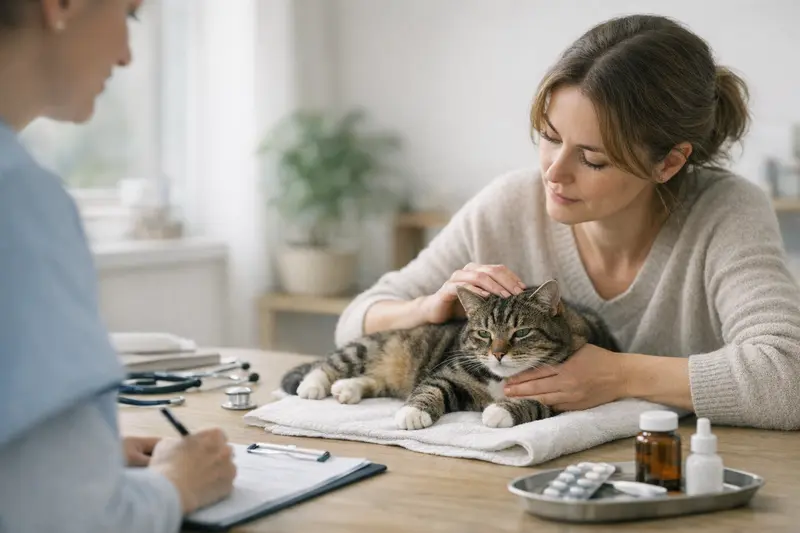 Tierarzt untersucht eine Katze während der Behandlung, zeigt die Bedeutung einer Katzenkrankenversicherung.