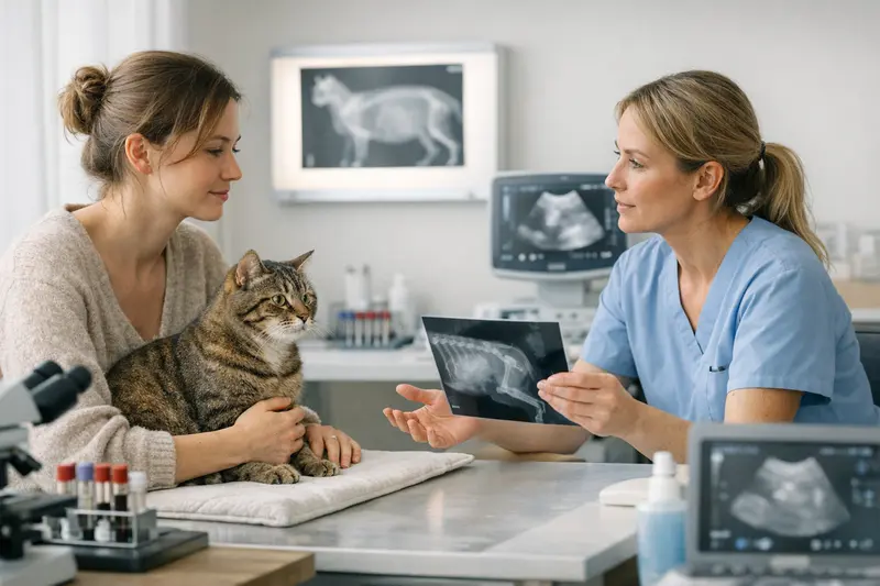 Katzendoktor untersucht eine Katze mit modernen Diagnosetools, einschließlich Röntgen und Ultraschall.