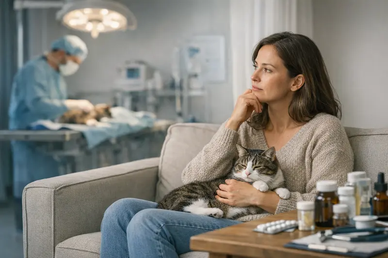 Tierarztuntersuchung für Katzen Eine Katze auf einer Tierarztliege während einer Untersuchung zur OP-Versicherung.