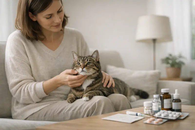Katzengesundheit und Impfungen Tierarzt überprüft die Impfungsunterlagen einer Katze zur Gesundheitsvorsorge.