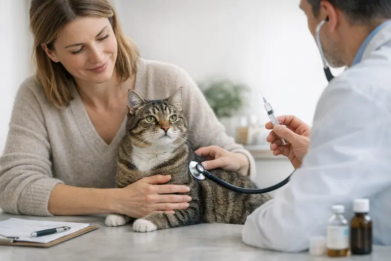 Vorsorgeuntersuchung für Katzen Tierarztuntersuchung einer Katze zur Vorsorge mit Impfungen und Check-ups.