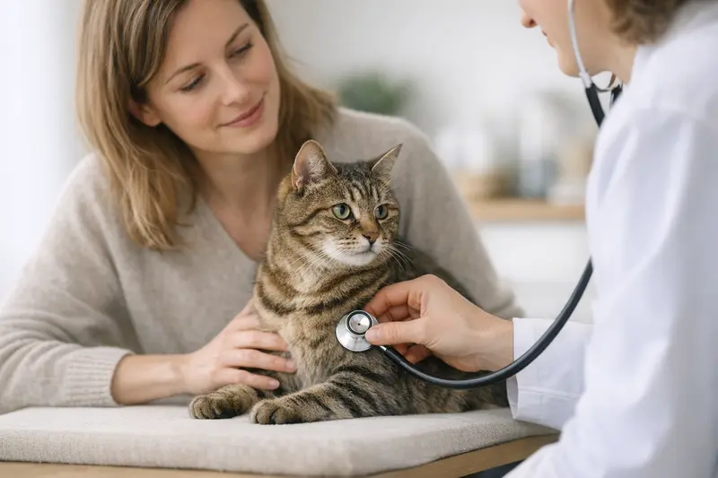 Routine-Checks bei Katzenversicherung Eine Katze während eines Routine-Checks beim Tierarzt, symbolisiert die Bedeutung der Vorsorge in der Katzenversicherung.