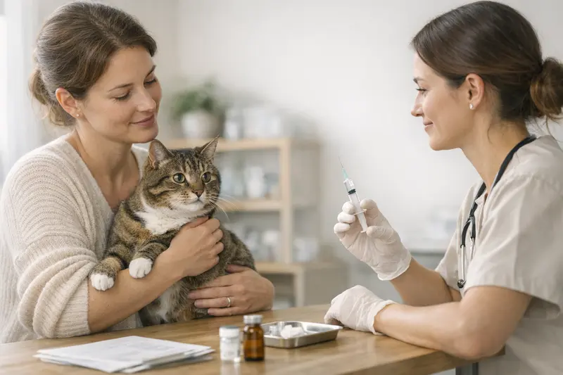 Eine Katze bei einem Tierarzt, die für eine Vorsorgeuntersuchung vorbereitet wird.