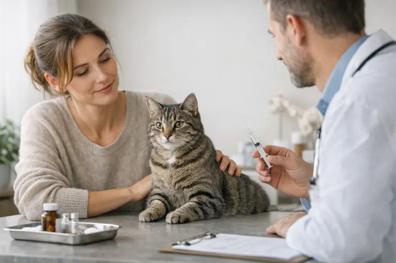 Katzenärztliche Vorsorgeuntersuchung Tierarztbesuch mit einer Katze zur Vorsorgeuntersuchung.