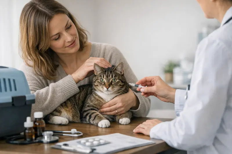 Katzenmedizinische Vorsorgeuntersuchung Eine Katze wird beim Tierarzt untersucht, wobei Impfungen und Check-ups im Fokus stehen.